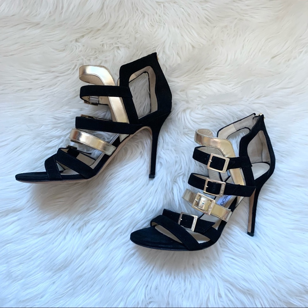 JIMMY CHOO Logo Bronx Strappy Suede Leather Heels - Picture 7 of 15